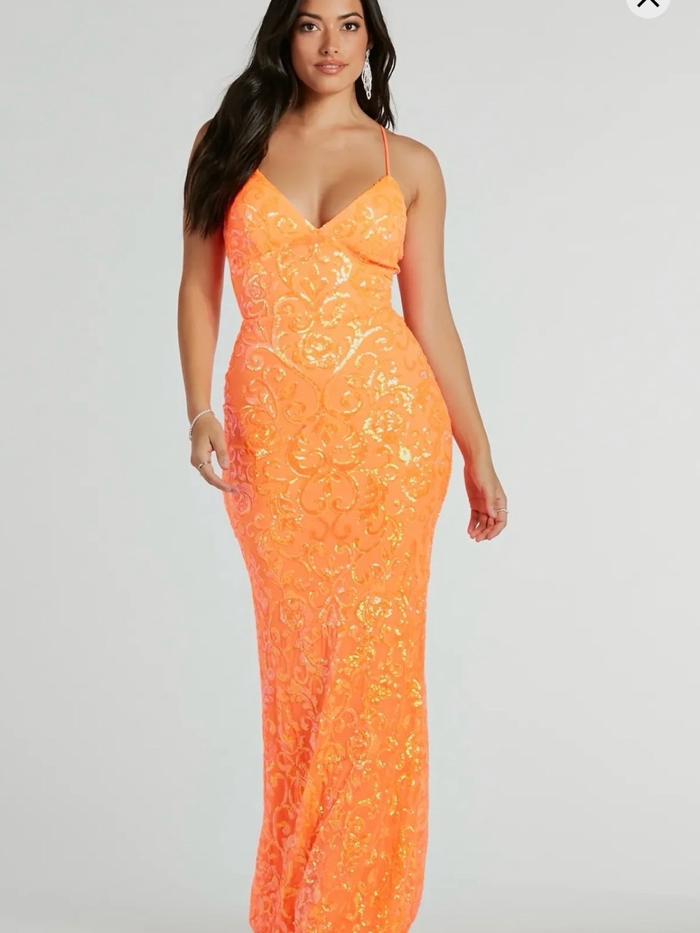 Windsor Neon Orange Sequin Spaghetti-Strap Maxi Dress